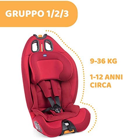 Chicco Gro-Up 123 Seggiolino Auto 9-36 kg Reclinabile, Gruppo 1/2/3 per Bambini da 1 a 12 Anni, Facile da Installare, con Poggiatesta Regolabile, Riduttore e Soffici Imbottiture - Red Passion, Rosso