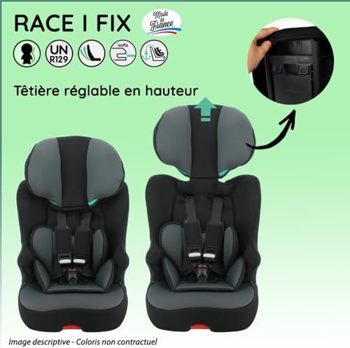 Seggiolino auto fissaggio isofix RACE I FIX 76-140 cm R129 i-Size - Per bambini dai 3 ai 10 anni - Poggiatesta regolabile in altezza - Base reclinabile - Fabbricazione francese