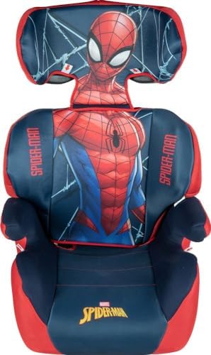 Seggiolino auto Spiderman, gruppo 2-3 (da 15 a 36 kg) bambino, con il supereroe uomo ragno, di colore rosso e blu