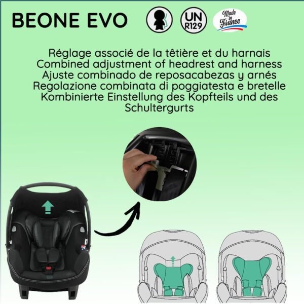 Nania - Seggiolino auto con cintura BEONE EVO 40-85 cm R129 i-Size - Per bambini dalla nascita a 2 anni - Schienale stradale - Poggiatesta e profondità regolabili - Made in France (Smoke)