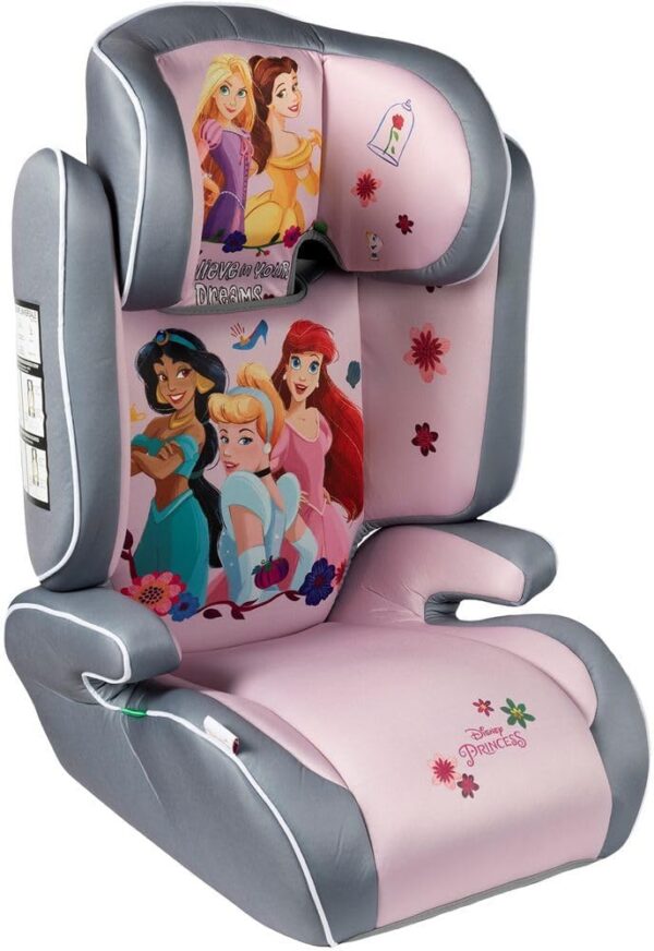 Disney Seggiolino auto Principesse per la sicurezza delle bambine con altezza da 100 a 150 cm con grafiche di Belle, Rapunzel, Jasmine, Ariel e Cenerentola su fondo rosa