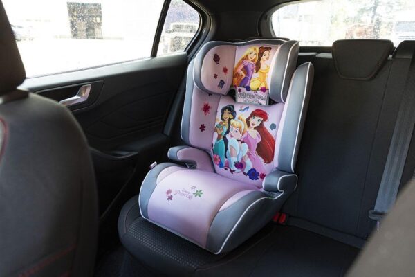 Disney Seggiolino auto Principesse per la sicurezza delle bambine con altezza da 100 a 150 cm con grafiche di Belle, Rapunzel, Jasmine, Ariel e Cenerentola su fondo rosa