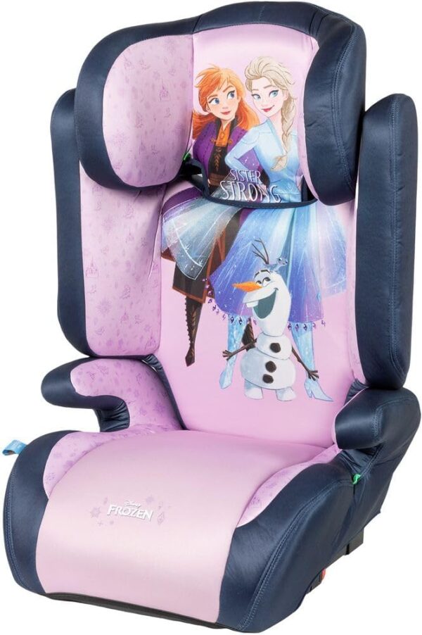 Disney Seggiolino auto Frozen con attacco ISOFIX per la sicurezza delle bambine con altezza da 100 a 150 cm con grafiche della principessa Elsa, Anna ed il simpaitco Olaf su fondo viola