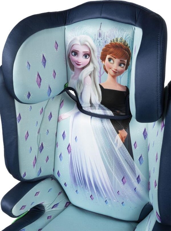 Disney Seggiolino auto Frozen per la sicurezza delle bambine con altezza da 100 a 150 cm con grafiche di Elsa e Anna su fondo azzurro