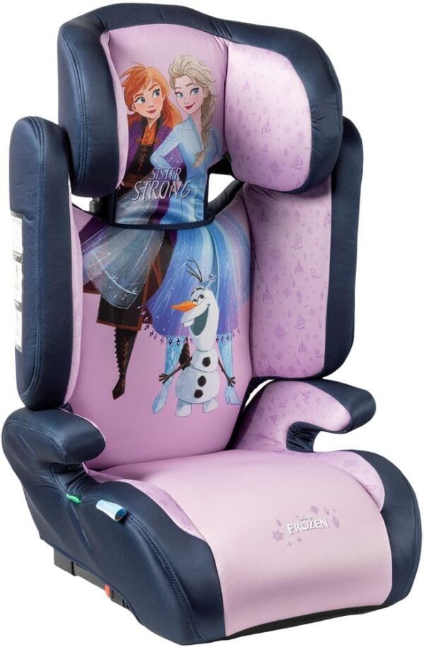 Disney Seggiolino auto Frozen con attacco ISOFIX per la sicurezza delle bambine con altezza da 100 a 150 cm con grafiche della principessa Elsa, Anna ed il simpaitco Olaf su fondo viola