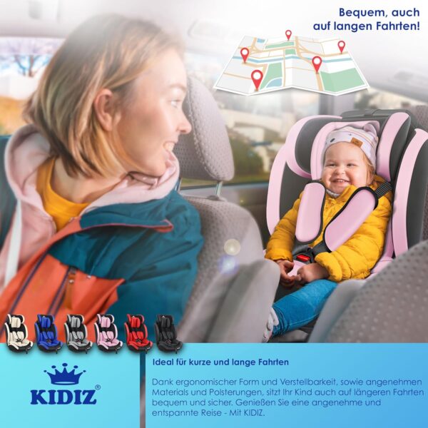 KIDIZ® Seggiolino auto per bambini, gruppo 1 + 2 + 3, 9 – 36 kg, cintura di sicurezza a 5 punti, seggiolino auto, poggiatesta regolabile, rialzo del sedile da 1 – 12 anni, stabile e sicuro