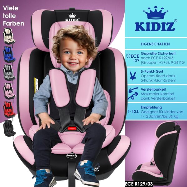 KIDIZ® Seggiolino auto per bambini, gruppo 1 + 2 + 3, 9 – 36 kg, cintura di sicurezza a 5 punti, seggiolino auto, poggiatesta regolabile, rialzo del sedile da 1 – 12 anni, stabile e sicuro