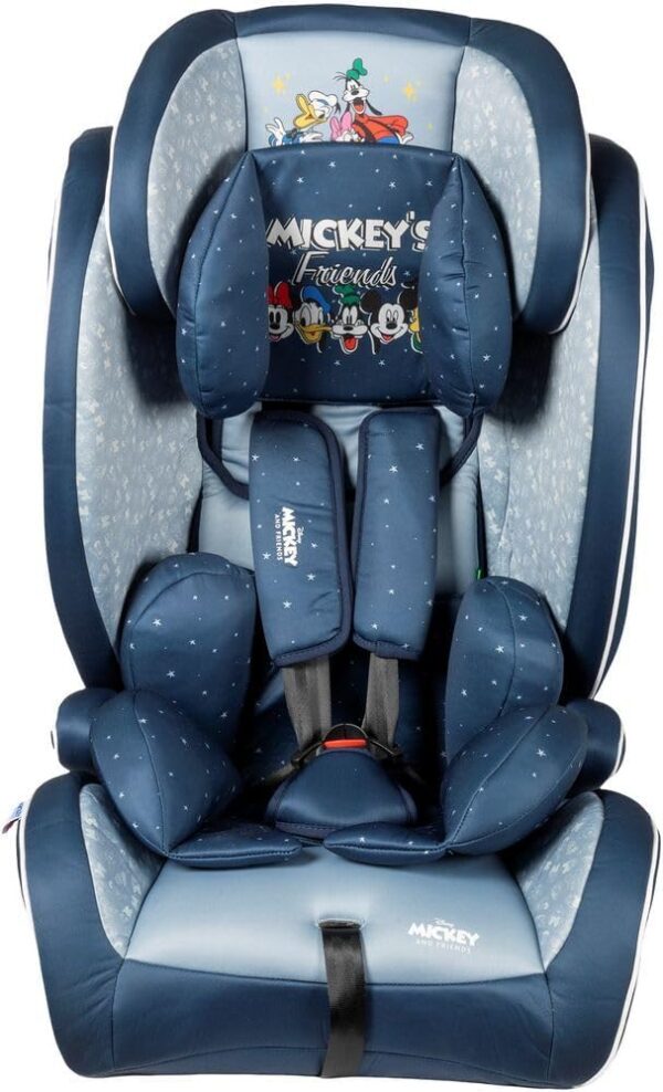 Disney Seggiolino auto Mickey Mouse con attacco ISOFIX per la sicurezza dei bambini con altezza da 76 a 150 cm con grafiche di Mickey Mouse, Minnie, Paperino, Pluto e Pippo su fondo blu