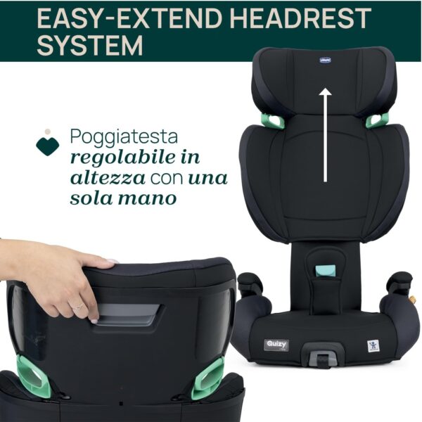 Chicco Quizy i-Size, Seggiolino Auto Bambini 3-12 Anni (100-150 cm), Facile da Installare con Sistema Isofix, Reclinabile, Regolabile in Altezza, con Braccioli Imbottiti e Seduta Confortevole, Nero