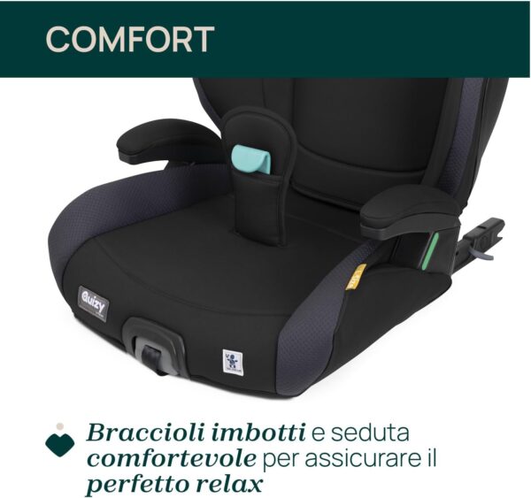 Chicco Quizy i-Size, Seggiolino Auto Bambini 3-12 Anni (100-150 cm), Facile da Installare con Sistema Isofix, Reclinabile, Regolabile in Altezza, con Braccioli Imbottiti e Seduta Confortevole, Nero