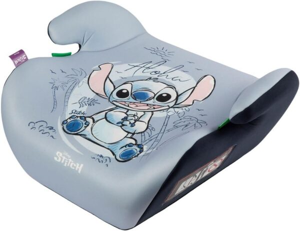 Disney Stitch Seggiolino Alzabimbo auto per la sicurezza dei bambini con altezza da 125 a 150 cm con grafica su fondo azzurro, alzatina per auto, rialzo, seduta per bambini