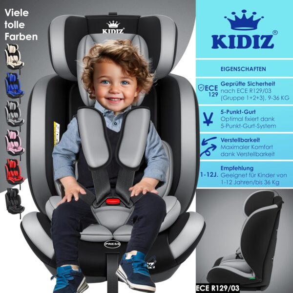 KIDIZ® Seggiolino auto per bambini, gruppo 1 + 2 + 3, 9 – 36 kg, cintura di sicurezza a 5 punti, seggiolino auto, poggiatesta regolabile, rialzo del sedile da 1 – 12 anni, stabile e sicuro