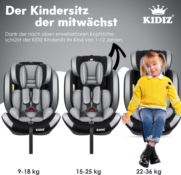 KIDIZ® Seggiolino auto per bambini, gruppo 1 + 2 + 3, 9 – 36 kg, cintura di sicurezza a 5 punti, seggiolino auto, poggiatesta regolabile, rialzo del sedile da 1 – 12 anni, stabile e sicuro