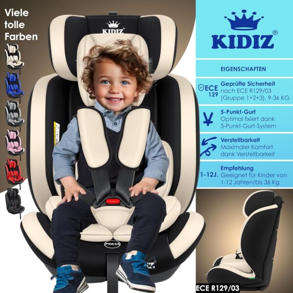 KIDIZ® Seggiolino auto per bambini, gruppo 1 + 2 + 3, 9 – 36 kg, cintura di sicurezza a 5 punti, seggiolino auto, poggiatesta regolabile, rialzo del sedile da 1 – 12 anni, stabile e sicuro