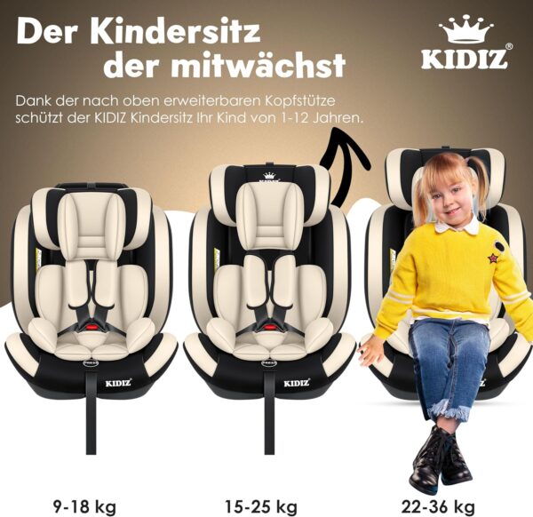 KIDIZ® Seggiolino auto per bambini, gruppo 1 + 2 + 3, 9 – 36 kg, cintura di sicurezza a 5 punti, seggiolino auto, poggiatesta regolabile, rialzo del sedile da 1 – 12 anni, stabile e sicuro