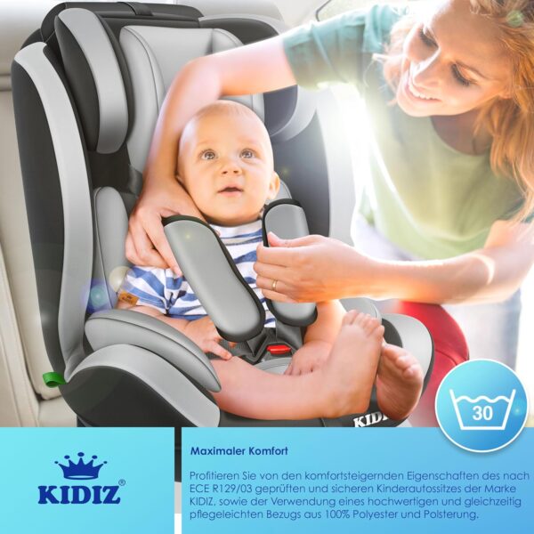 KIDIZ® Seggiolino auto per bambini, gruppo 1 + 2 + 3, 9 – 36 kg, cintura di sicurezza a 5 punti, seggiolino auto, poggiatesta regolabile, rialzo del sedile da 1 – 12 anni, stabile e sicuro