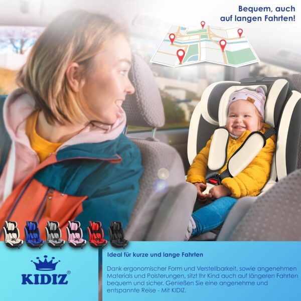 KIDIZ® Seggiolino auto per bambini, gruppo 1 + 2 + 3, 9 – 36 kg, cintura di sicurezza a 5 punti, seggiolino auto, poggiatesta regolabile, rialzo del sedile da 1 – 12 anni, stabile e sicuro