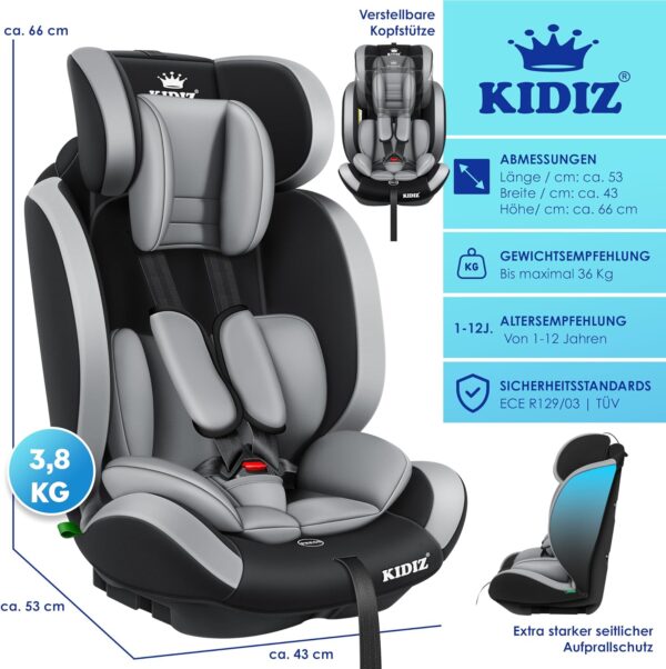 KIDIZ® Seggiolino auto per bambini, gruppo 1 + 2 + 3, 9 – 36 kg, cintura di sicurezza a 5 punti, seggiolino auto, poggiatesta regolabile, rialzo del sedile da 1 – 12 anni, stabile e sicuro