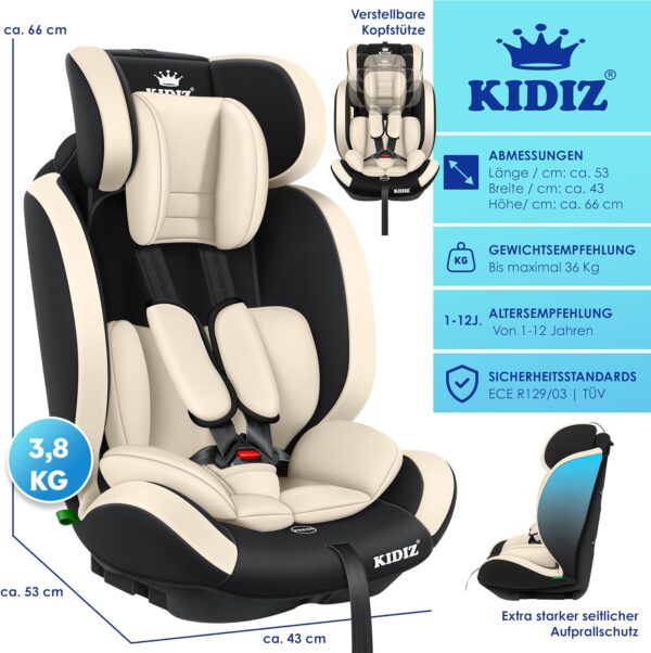 KIDIZ® Seggiolino auto per bambini, gruppo 1 + 2 + 3, 9 – 36 kg, cintura di sicurezza a 5 punti, seggiolino auto, poggiatesta regolabile, rialzo del sedile da 1 – 12 anni, stabile e sicuro