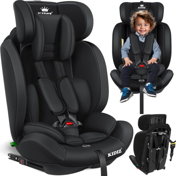 KIDIZ® Seggiolino auto per bambini con Isofix, gruppo 1 + 2 + 3, 9 – 36 kg, cintura di sicurezza a 5 punti, seggiolino auto, seggiolino auto, poggiatesta regolabile, rialzo per 1 – 12 anni, stabile e