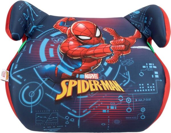 Marvel Spiderman Seggiolino alzatina auto i-Size ECE R129. Alzabimbo per la sicurezza dei bambini con altezza da 125 a 150 cm. Rialzo con grafiche del supereroe, seduta per bimbi su fondo blu.