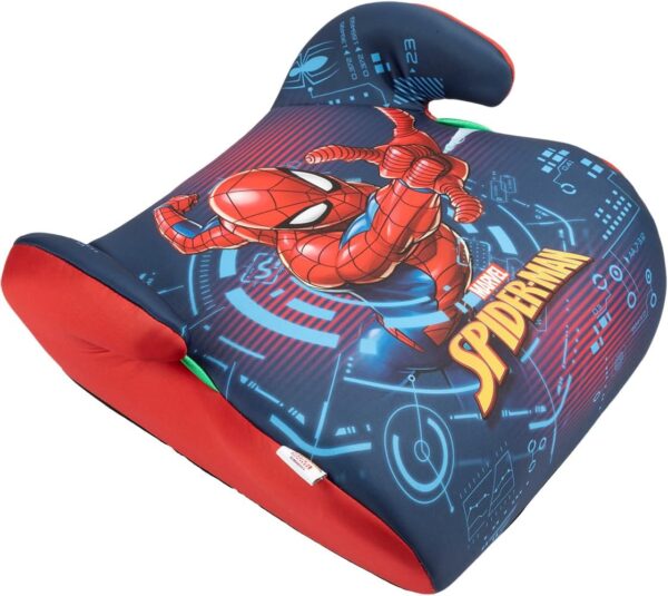 Marvel Spiderman Seggiolino alzatina auto i-Size ECE R129. Alzabimbo per la sicurezza dei bambini con altezza da 125 a 150 cm. Rialzo con grafiche del supereroe, seduta per bimbi su fondo blu.