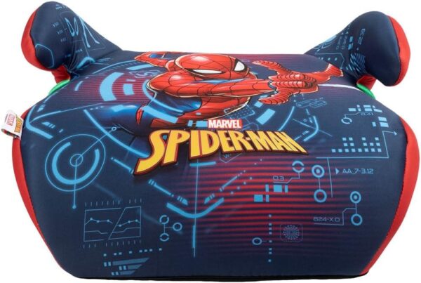 Marvel Spiderman Seggiolino alzatina auto i-Size ECE R129. Alzabimbo per la sicurezza dei bambini con altezza da 125 a 150 cm. Rialzo con grafiche del supereroe, seduta per bimbi su fondo blu.