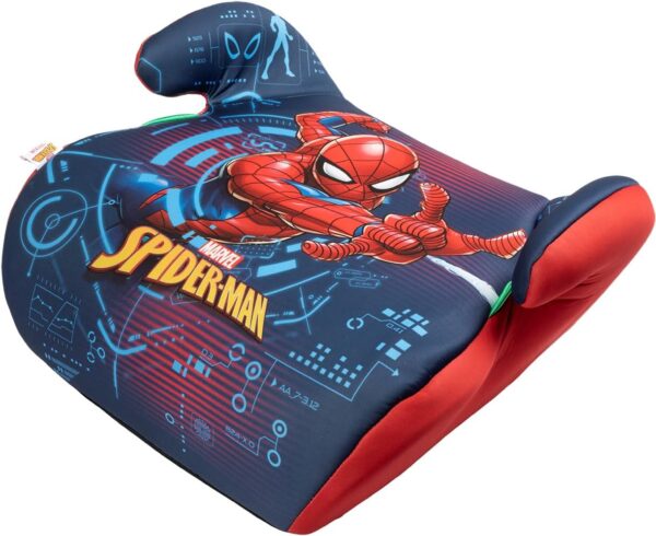 Marvel Spiderman Seggiolino alzatina auto i-Size ECE R129. Alzabimbo per la sicurezza dei bambini con altezza da 125 a 150 cm. Rialzo con grafiche del supereroe, seduta per bimbi su fondo blu.