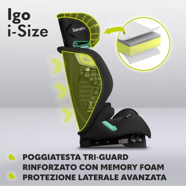 Lionelo IGO Seggiolino Auto Adattabile i-Size ISOFIX per Bambini 100-150cm Conforme all'Ultimo Standard R129 Sicurezza Tri-Guard, Cresce Insieme al Tuo Bambino con 13 Regolazioni, Comodo