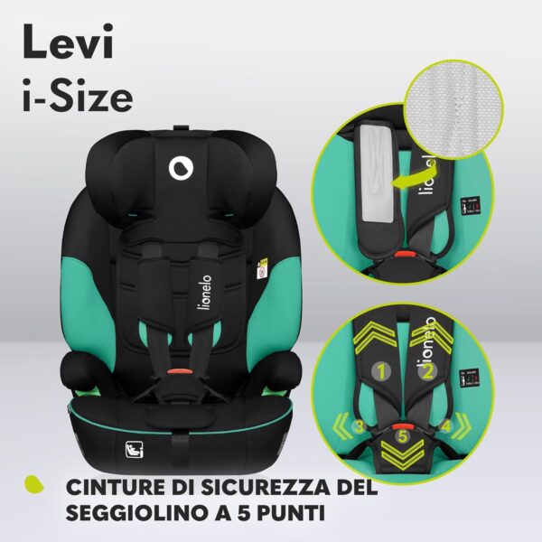 LIONELO LEVI ONE Seggiolino auto 9-36 kg bambini Gruppo 1/2/3 Protezioni lateral, Cinture di sicurezza a 5punti, 6-livelli altezza poggiatesta regolabile, Rivestimento sfoderabile (LEVI I-SIZE, Verde)