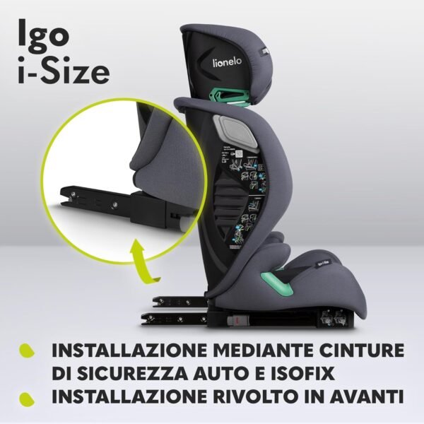 Lionelo IGO Seggiolino Auto Adattabile i-Size ISOFIX per Bambini 100-150cm Conforme all'Ultimo Standard R129 Sicurezza Tri-Guard, Cresce Insieme al Tuo Bambino con 13 Regolazioni, Comodo