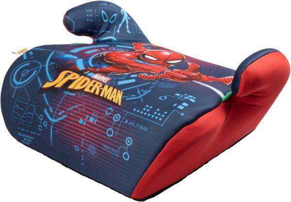 Marvel Spiderman Seggiolino alzatina auto i-Size ECE R129. Alzabimbo per la sicurezza dei bambini con altezza da 125 a 150 cm. Rialzo con grafiche del supereroe, seduta per bimbi su fondo blu.