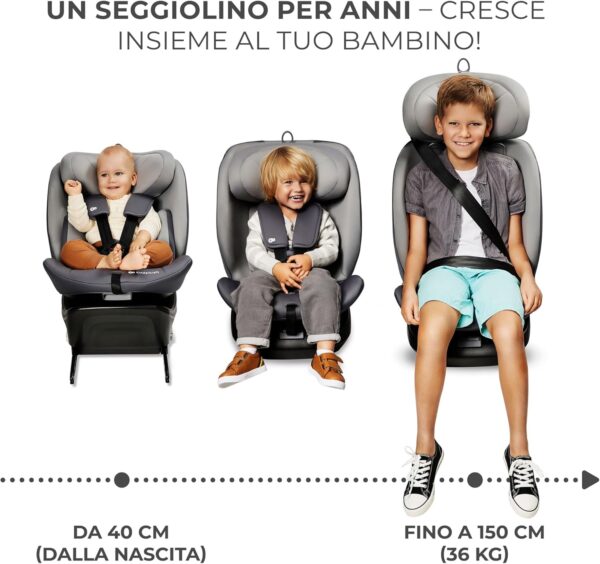 Kinderkraft I-GROW Seggiolino auto 0-36 kg, I-SIZE 40-150 cm, Seggiolino 360 girevole, con Isofix Base, Reclinabile Posizione sdraiata, Poggiatesta regolabile, Gruppo 0 1 2 3, Happy Shapes