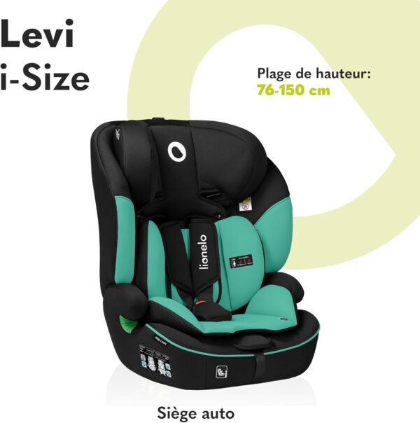 LIONELO LEVI ONE Seggiolino auto 9-36 kg bambini Gruppo 1/2/3 Protezioni lateral, Cinture di sicurezza a 5punti, 6-livelli altezza poggiatesta regolabile, Rivestimento sfoderabile (LEVI I-SIZE, Verde)