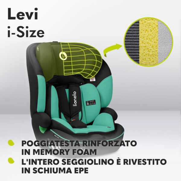 LIONELO LEVI ONE Seggiolino auto 9-36 kg bambini Gruppo 1/2/3 Protezioni lateral, Cinture di sicurezza a 5punti, 6-livelli altezza poggiatesta regolabile, Rivestimento sfoderabile (LEVI I-SIZE, Verde)