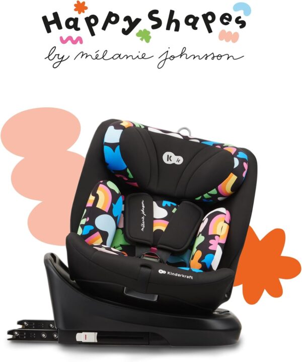 Kinderkraft I-GROW Seggiolino auto 0-36 kg, I-SIZE 40-150 cm, Seggiolino 360 girevole, con Isofix Base, Reclinabile Posizione sdraiata, Poggiatesta regolabile, Gruppo 0 1 2 3, Happy Shapes