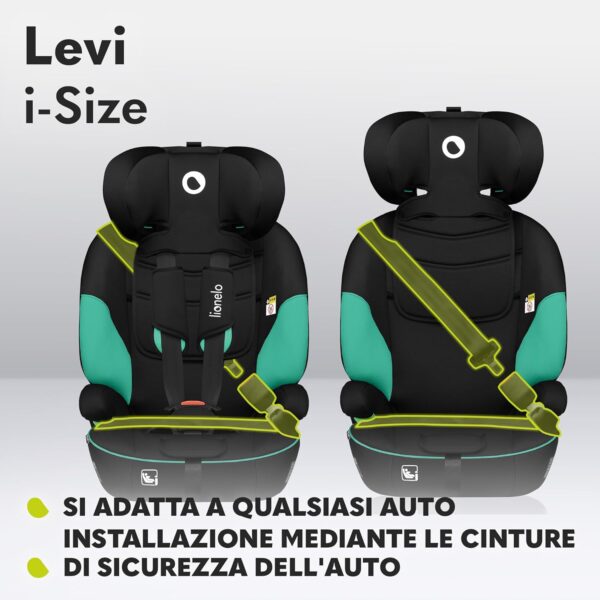 LIONELO LEVI ONE Seggiolino auto 9-36 kg bambini Gruppo 1/2/3 Protezioni lateral, Cinture di sicurezza a 5punti, 6-livelli altezza poggiatesta regolabile, Rivestimento sfoderabile (LEVI I-SIZE, Verde)