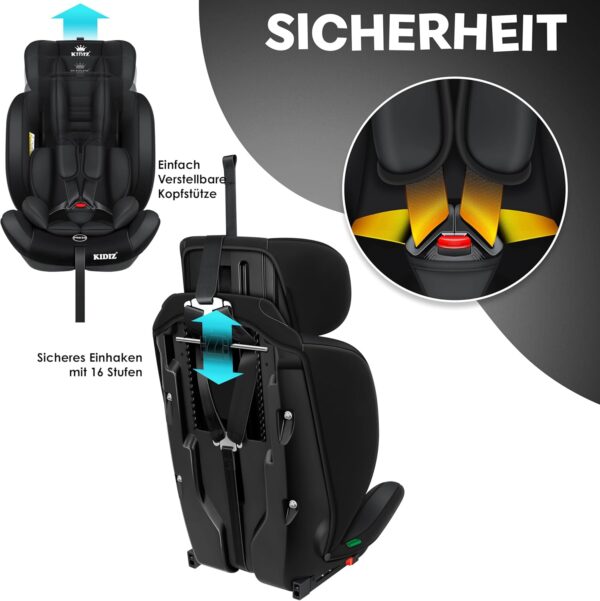 KIDIZ® Seggiolino auto per bambini con Isofix, gruppo 1 + 2 + 3, 9 – 36 kg, cintura di sicurezza a 5 punti, seggiolino auto, seggiolino auto, poggiatesta regolabile, rialzo per 1 – 12 anni, stabile e