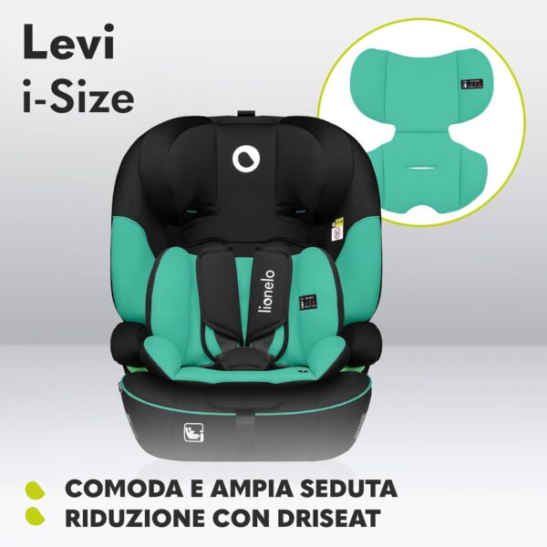 LIONELO LEVI ONE Seggiolino auto 9-36 kg bambini Gruppo 1/2/3 Protezioni lateral, Cinture di sicurezza a 5punti, 6-livelli altezza poggiatesta regolabile, Rivestimento sfoderabile (LEVI I-SIZE, Verde)