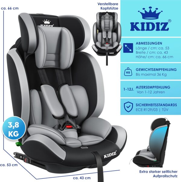 KIDIZ® Seggiolino auto per bambini con Isofix, gruppo 1 + 2 + 3, 9 – 36 kg, cintura di sicurezza a 5 punti, seggiolino auto, seggiolino auto, poggiatesta regolabile, rialzo per 1 – 12 anni, stabile e