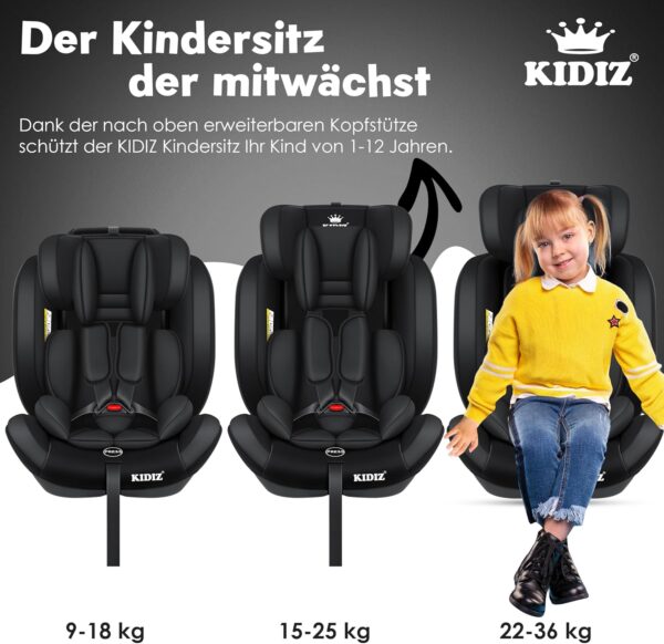 KIDIZ® Seggiolino auto per bambini con Isofix, gruppo 1 + 2 + 3, 9 – 36 kg, cintura di sicurezza a 5 punti, seggiolino auto, seggiolino auto, poggiatesta regolabile, rialzo per 1 – 12 anni, stabile e