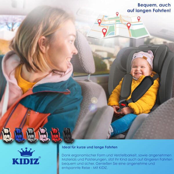 KIDIZ® Seggiolino auto per bambini con Isofix, gruppo 1 + 2 + 3, 9 – 36 kg, cintura di sicurezza a 5 punti, seggiolino auto, seggiolino auto, poggiatesta regolabile, rialzo per 1 – 12 anni, stabile e