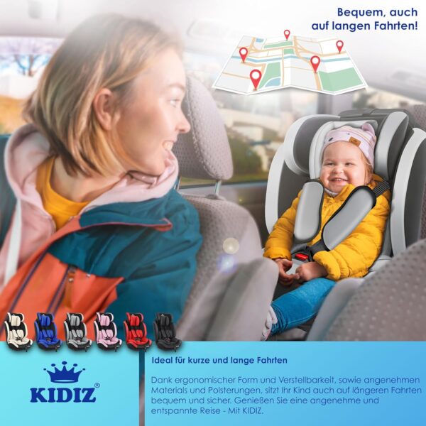 KIDIZ® Seggiolino auto per bambini con Isofix, gruppo 1 + 2 + 3, 9 – 36 kg, cintura di sicurezza a 5 punti, seggiolino auto, seggiolino auto, poggiatesta regolabile, rialzo per 1 – 12 anni, stabile e