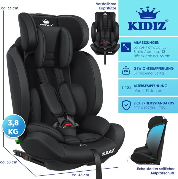 KIDIZ® Seggiolino auto per bambini con Isofix, gruppo 1 + 2 + 3, 9 – 36 kg, cintura di sicurezza a 5 punti, seggiolino auto, seggiolino auto, poggiatesta regolabile, rialzo per 1 – 12 anni, stabile e