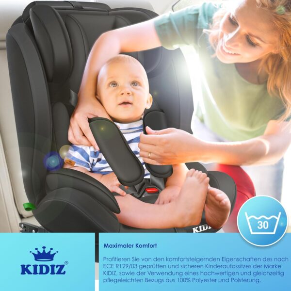 KIDIZ® Seggiolino auto per bambini con Isofix, gruppo 1 + 2 + 3, 9 – 36 kg, cintura di sicurezza a 5 punti, seggiolino auto, seggiolino auto, poggiatesta regolabile, rialzo per 1 – 12 anni, stabile e