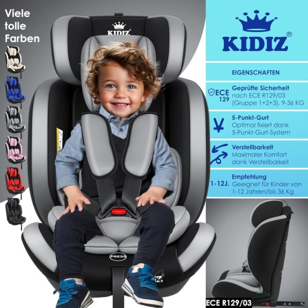 KIDIZ® Seggiolino auto per bambini con Isofix, gruppo 1 + 2 + 3, 9 – 36 kg, cintura di sicurezza a 5 punti, seggiolino auto, seggiolino auto, poggiatesta regolabile, rialzo per 1 – 12 anni, stabile e