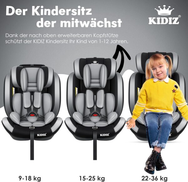 KIDIZ® Seggiolino auto per bambini con Isofix, gruppo 1 + 2 + 3, 9 – 36 kg, cintura di sicurezza a 5 punti, seggiolino auto, seggiolino auto, poggiatesta regolabile, rialzo per 1 – 12 anni, stabile e