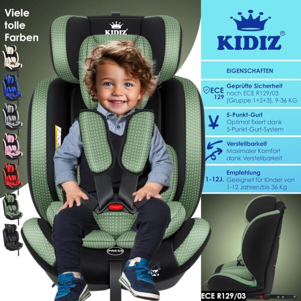 KIDIZ® Seggiolino auto per bambini Seggiolino per bambini | Seggiolino auto Guscio con sedile | 9 kg - 36 kg 1-12 anni | gruppo 1-2 -3 | universale | Classic Con Isofix