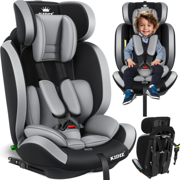 KIDIZ® Seggiolino auto per bambini con Isofix, gruppo 1 + 2 + 3, 9 – 36 kg, cintura di sicurezza a 5 punti, seggiolino auto, seggiolino auto, poggiatesta regolabile, rialzo per 1 – 12 anni, stabile e