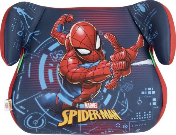 Marvel Spiderman Seggiolino alzatina auto i-Size ECE R129. Alzabimbo per la sicurezza dei bambini con altezza da 125 a 150 cm. Rialzo con grafiche del supereroe, seduta per bimbi su fondo blu.